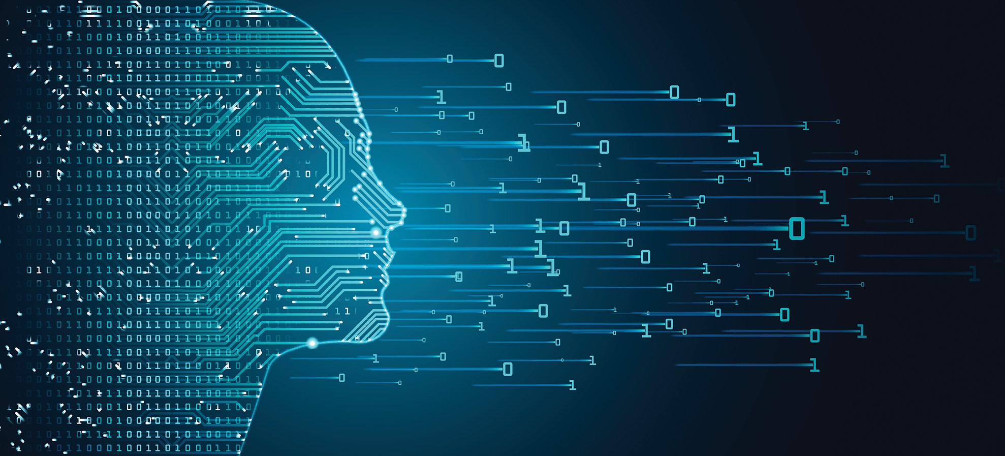 Digitized human head made out of binary code