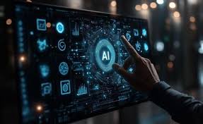 Futuristic touchscreen device with AI written in the center